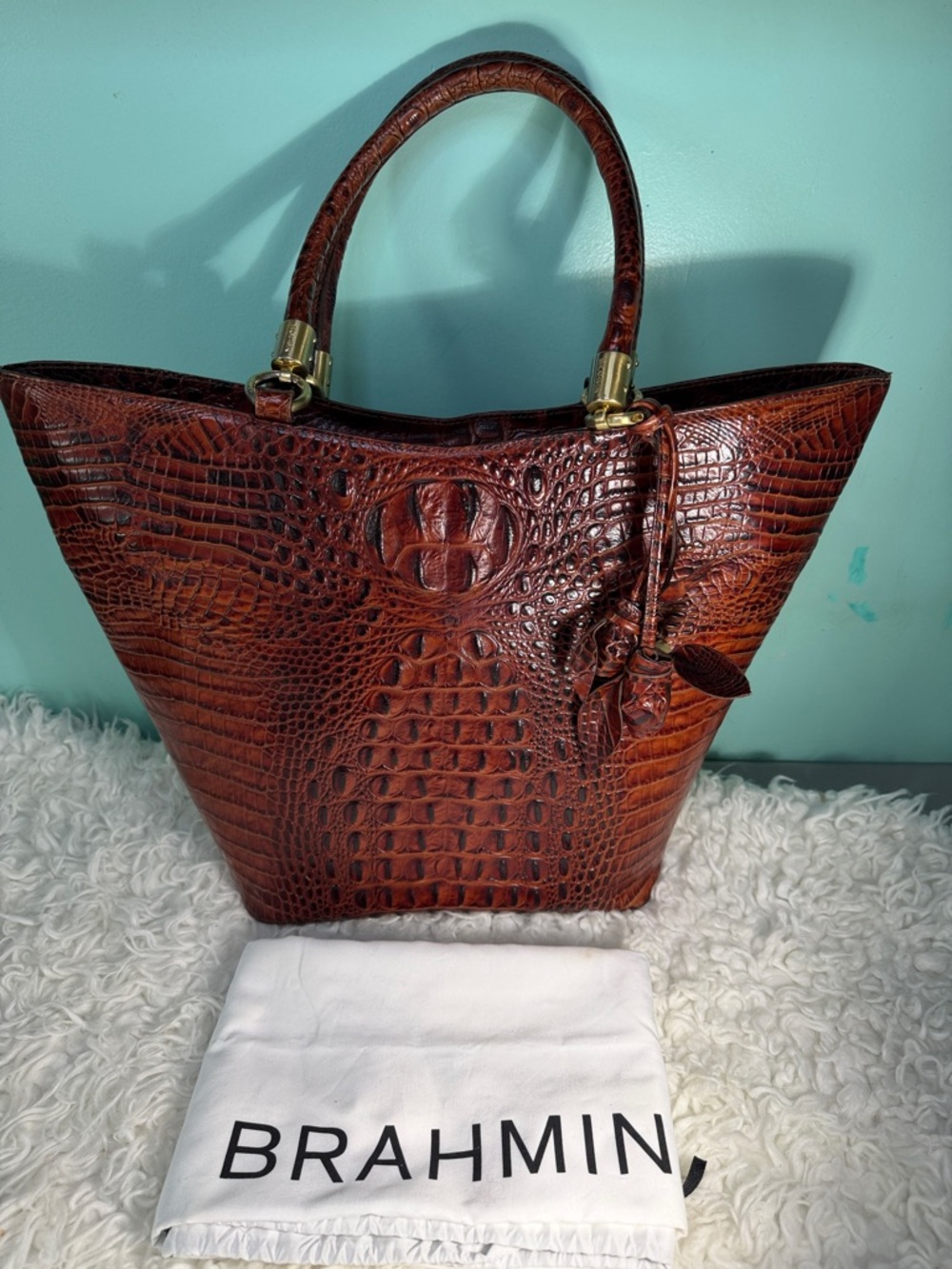 Brahmin Large Cognac Pecan  Leather Tote with Gold Hardware and Roses  tassel .
